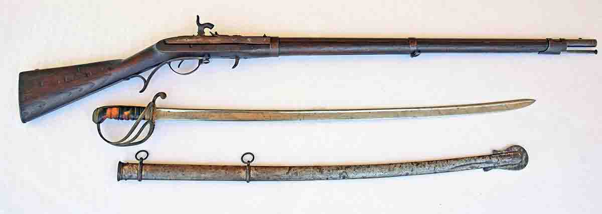 The Hall was the first U.S. regulation breech-loading rifle, with this one being a Model 1819 that was made in 1831. Below is a Model 1833 Dragoon saber made in 1837. Both were used extensively on the frontier and in several wars.